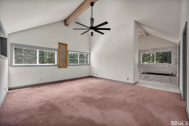 interior space with high vaulted ceiling, baseboards, beamed ceiling, and ceiling fan