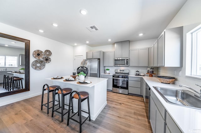 kitchen with visible vents, a sink, stainless steel appliances, gray cabinets, and a breakfast bar area