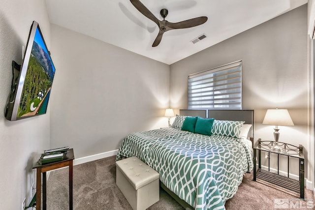 bedroom featuring carpet flooring, visible vents, baseboards, and ceiling fan