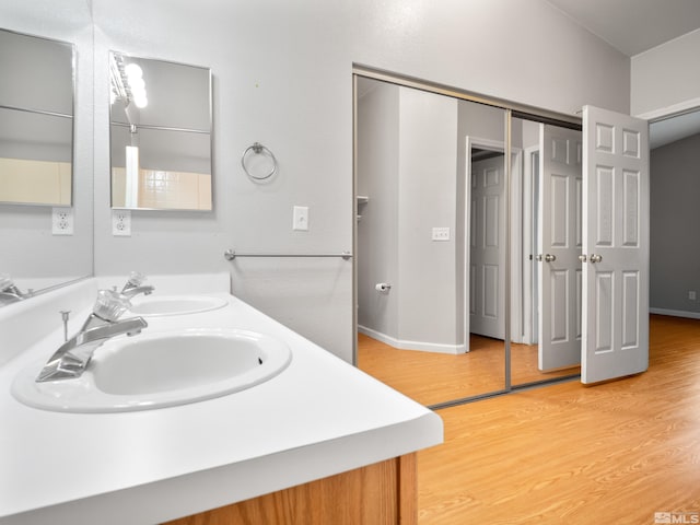 bathroom featuring a sink, double vanity, and wood finished floors