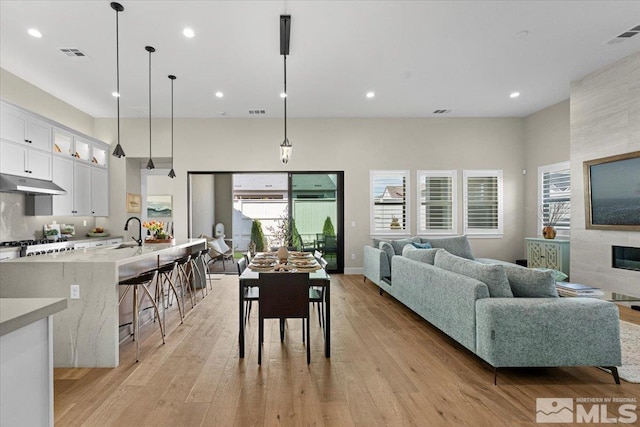 living room featuring visible vents, light wood-type flooring, and a healthy amount of sunlight