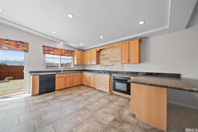 kitchen featuring open shelves, plenty of natural light, recessed lighting, and black appliances