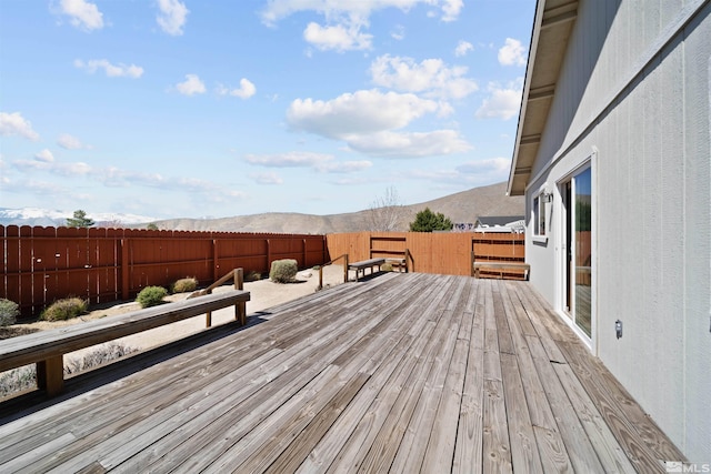 wooden deck with a fenced backyard and a mountain view