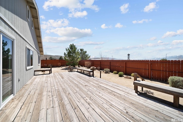 wooden terrace with a fenced backyard