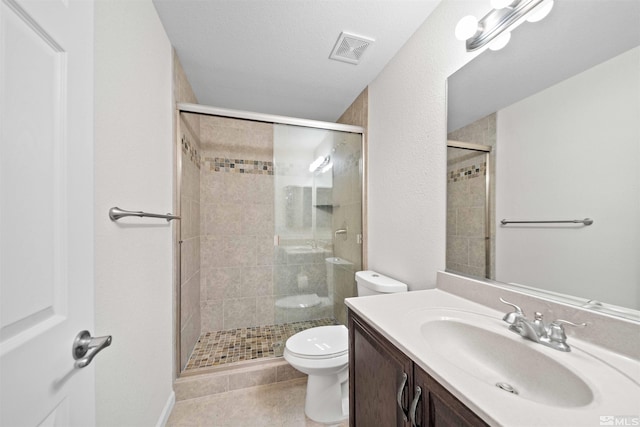full bath featuring a stall shower, visible vents, vanity, and toilet