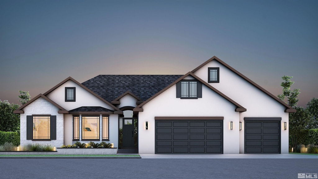 modern farmhouse featuring stucco siding, roof with shingles, driveway, and a garage