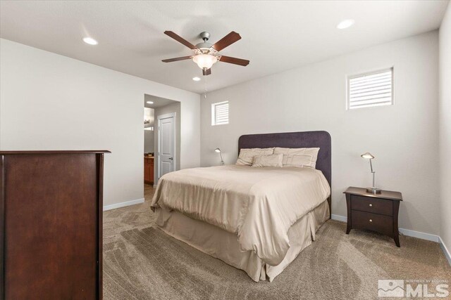 bedroom featuring a ceiling fan, baseboards, recessed lighting, and light colored carpet