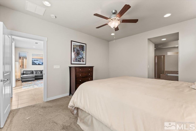 bedroom with light carpet, baseboards, recessed lighting, a ceiling fan, and light tile patterned floors