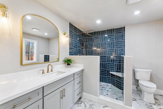 full bathroom featuring marble finish floor, recessed lighting, a walk in shower, and toilet