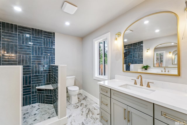 full bathroom featuring toilet, baseboards, recessed lighting, marble finish floor, and a walk in shower