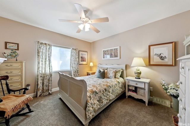bedroom featuring baseboards, a ceiling fan, carpet flooring, and visible vents