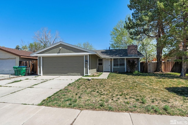 ranch-style house featuring a chimney, concrete driveway, a front lawn, an attached garage, and fence