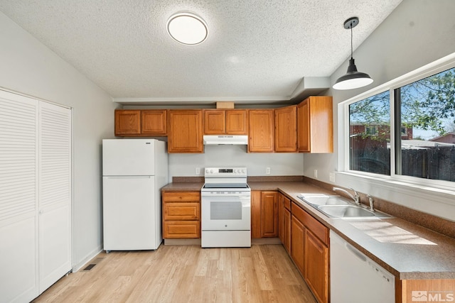 kitchen with a sink, a textured ceiling, white appliances, brown cabinets, and under cabinet range hood