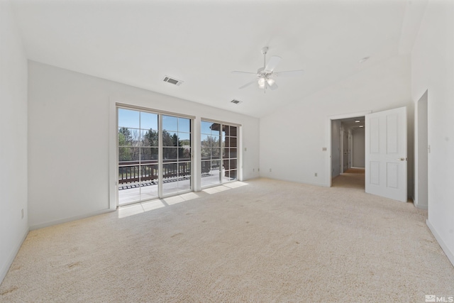 spare room with carpet floors, visible vents, baseboards, and ceiling fan