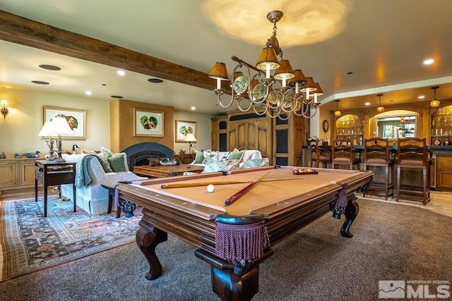 rec room with recessed lighting, carpet flooring, and pool table