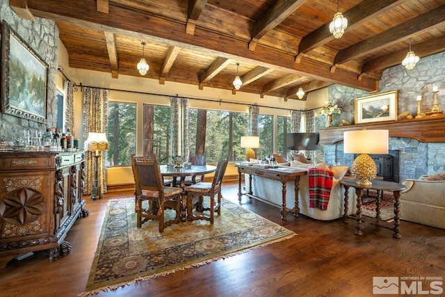 interior space with beamed ceiling, wooden ceiling, and wood finished floors