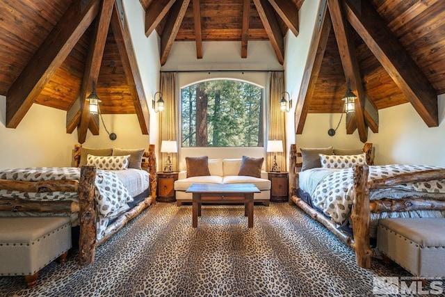 bedroom with high vaulted ceiling, beamed ceiling, and wooden ceiling