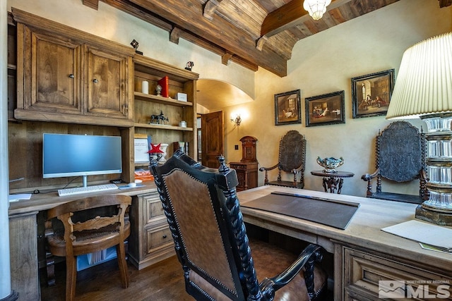 office area featuring wooden ceiling, beamed ceiling, dark wood-style flooring, and built in desk