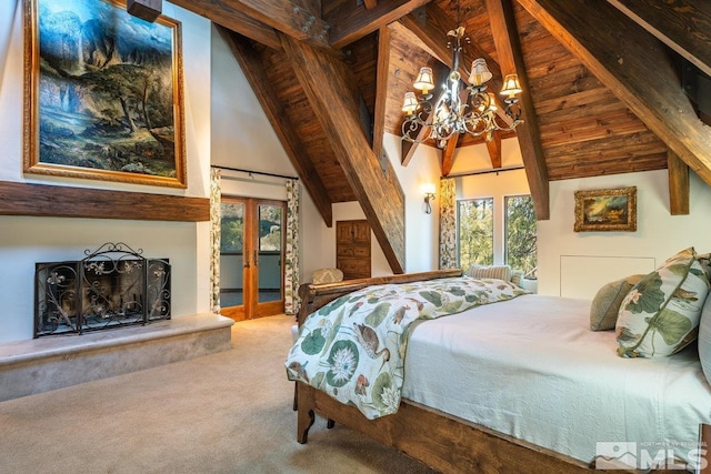 carpeted bedroom featuring beamed ceiling, a chandelier, french doors, high vaulted ceiling, and access to outside