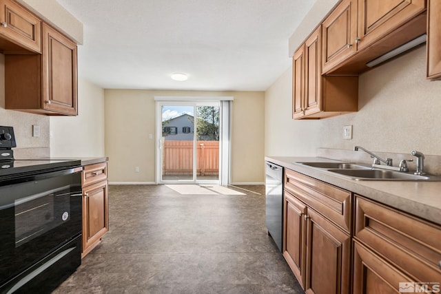 kitchen with dishwasher, black range with electric cooktop, baseboards, and a sink