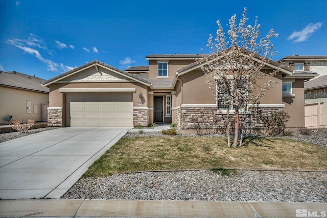 view of front facade with driveway, stone siding, an attached garage, a front yard, and stucco siding