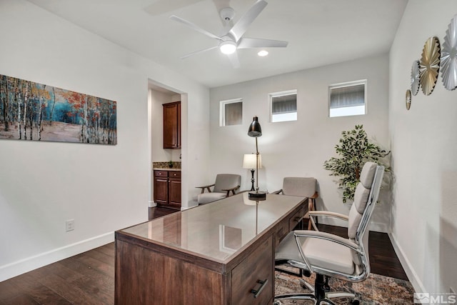 office with a ceiling fan, baseboards, dark wood-style flooring, and recessed lighting