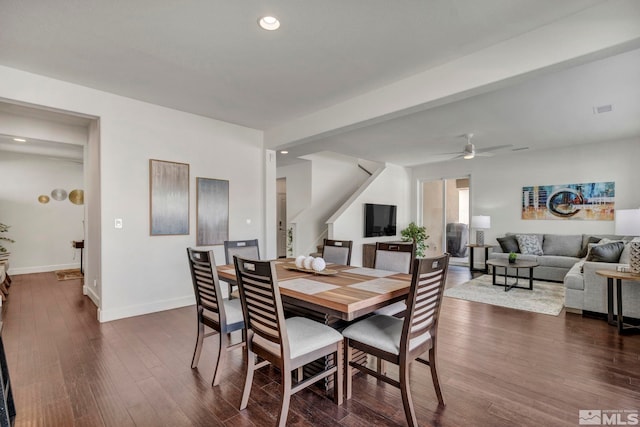 dining room with dark wood-style floors, visible vents, baseboards, recessed lighting, and ceiling fan