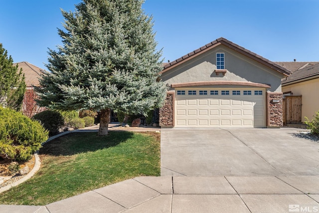 view of front of property with a front lawn, driveway, stone siding, a garage, and stucco siding