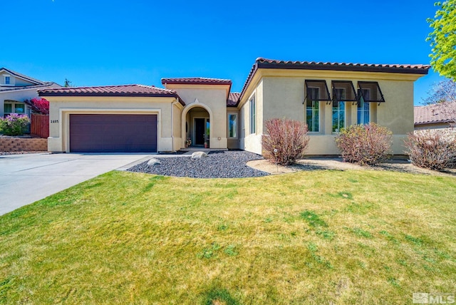 mediterranean / spanish house featuring a tile roof, concrete driveway, a front lawn, an attached garage, and stucco siding