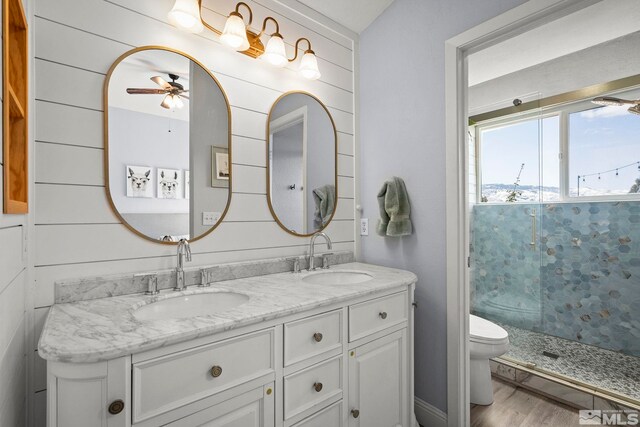 bathroom featuring ceiling fan, a sink, double vanity, and a stall shower