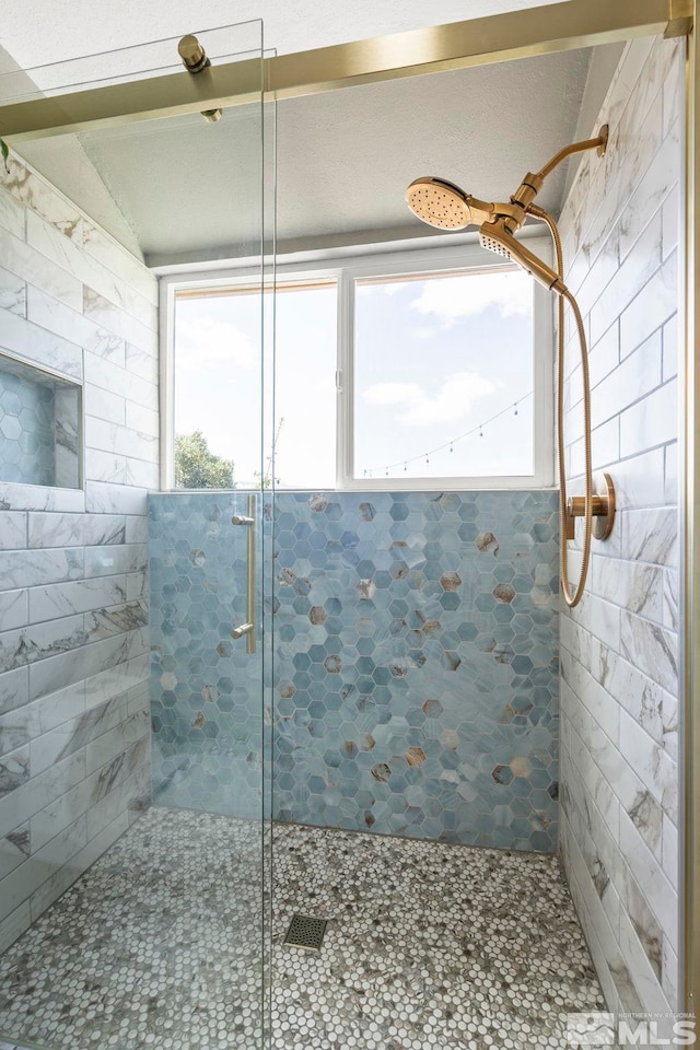 bathroom featuring a tile shower and a wealth of natural light