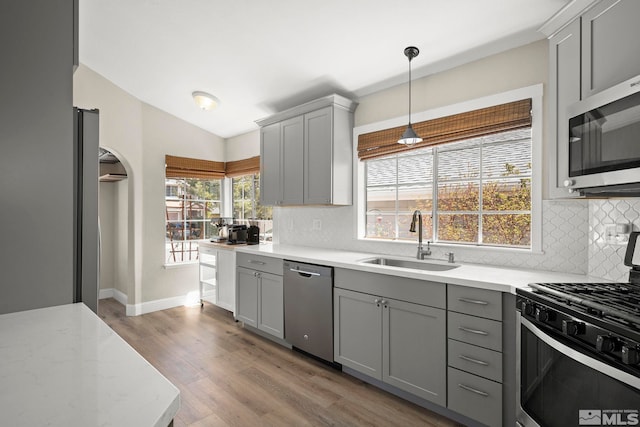 kitchen featuring a sink, decorative backsplash, light wood-style flooring, appliances with stainless steel finishes, and gray cabinetry
