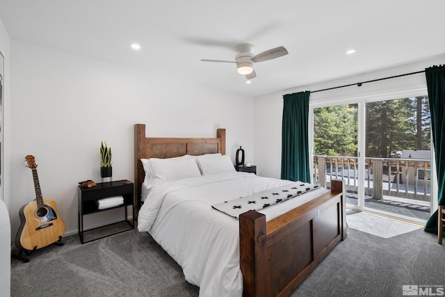 bedroom featuring recessed lighting, carpet, a ceiling fan, and access to outside