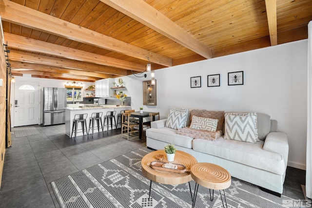 living room featuring wooden ceiling and beam ceiling