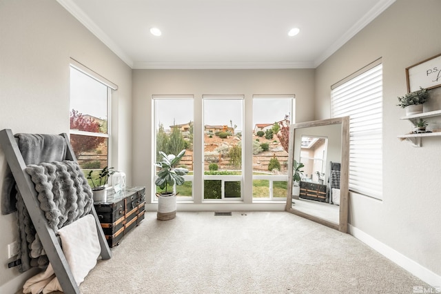 sitting room featuring ornamental molding, carpet flooring, and plenty of natural light