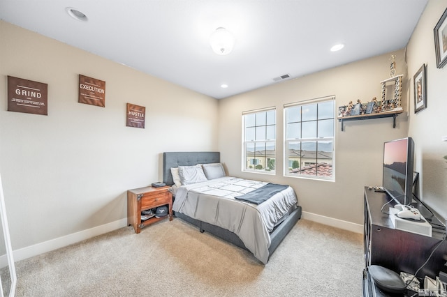 bedroom featuring baseboards, recessed lighting, and carpet flooring