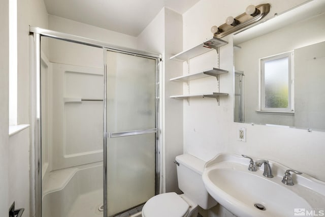 bathroom with toilet, a stall shower, and a sink