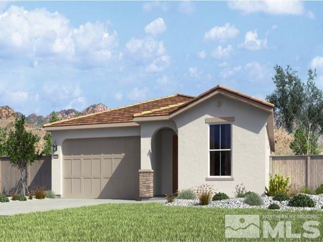 mediterranean / spanish-style home featuring a front yard, stucco siding, driveway, an attached garage, and fence