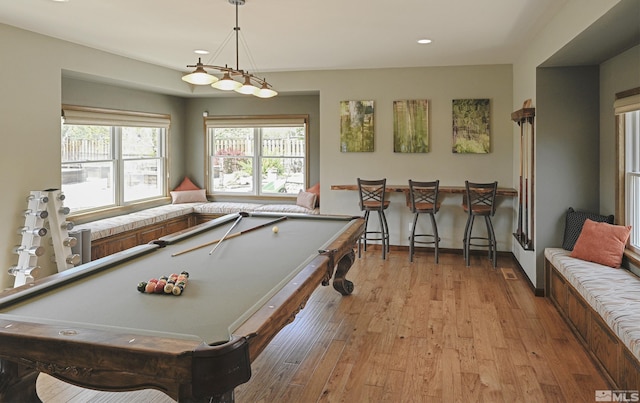 playroom featuring pool table, wood-type flooring, and recessed lighting