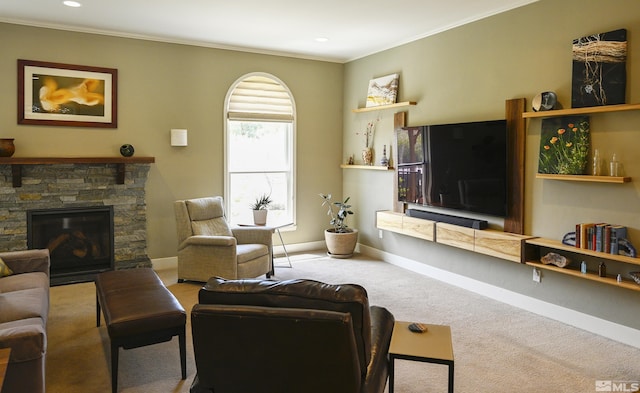 living room featuring crown molding, a fireplace, carpet, recessed lighting, and baseboards