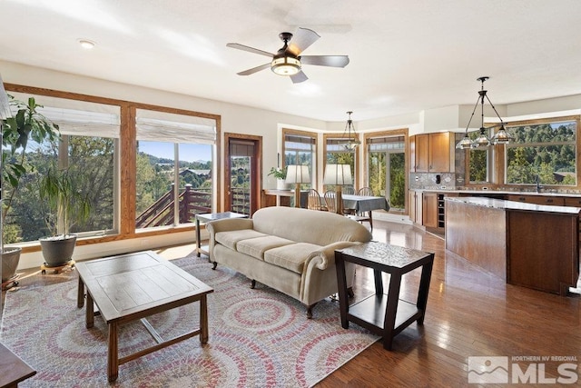 living area featuring wood finished floors, ceiling fan with notable chandelier, and plenty of natural light