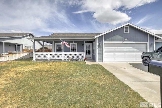single story home featuring a porch, fence, a garage, a front yard, and concrete driveway