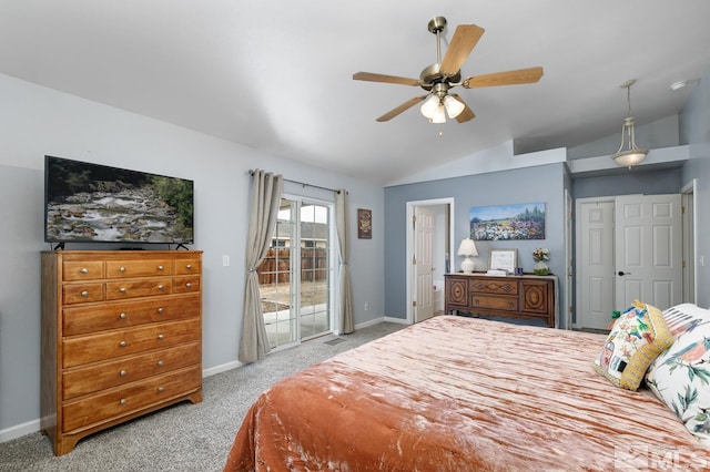 bedroom with lofted ceiling, ceiling fan, access to exterior, baseboards, and carpet floors