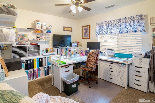 home office featuring visible vents and a ceiling fan