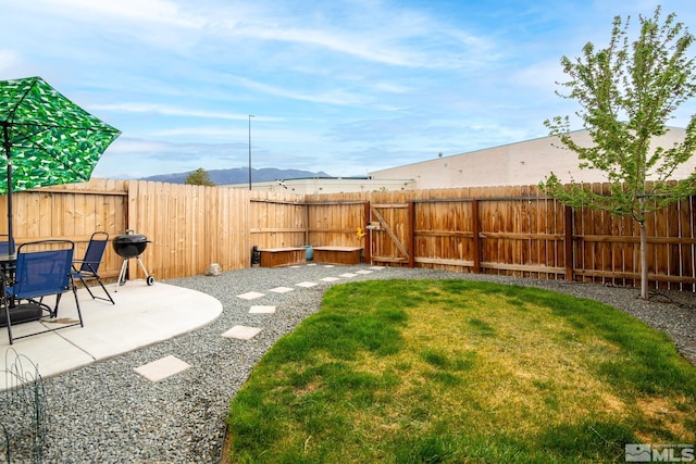 view of yard with a mountain view, a fenced backyard, and a patio area