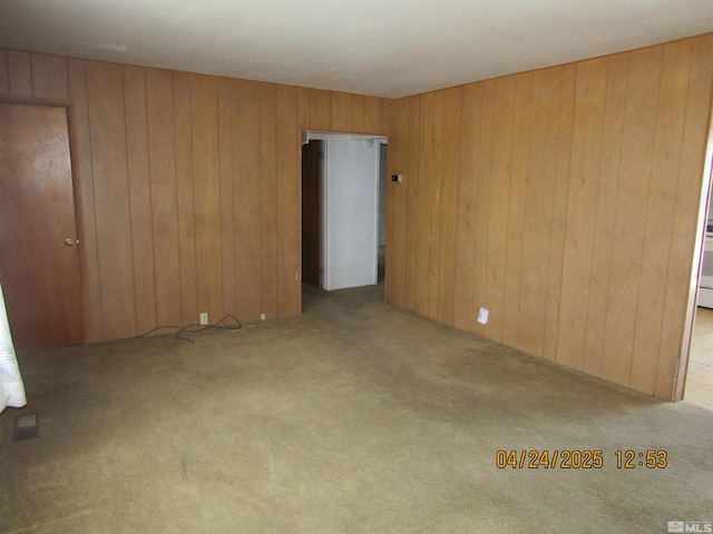 unfurnished room featuring wooden walls and carpet floors