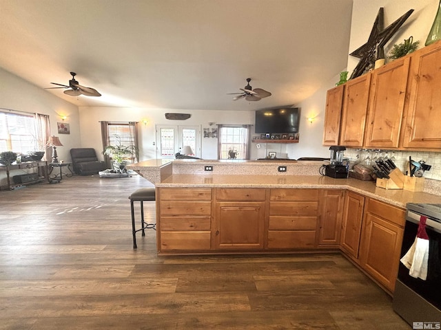 kitchen with plenty of natural light, open floor plan, electric stove, a peninsula, and a ceiling fan