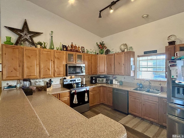 kitchen featuring tasteful backsplash, glass insert cabinets, a sink, stainless steel appliances, and light countertops