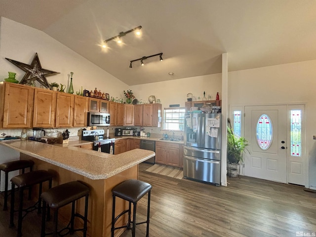 kitchen featuring a sink, stainless steel appliances, rail lighting, a peninsula, and lofted ceiling