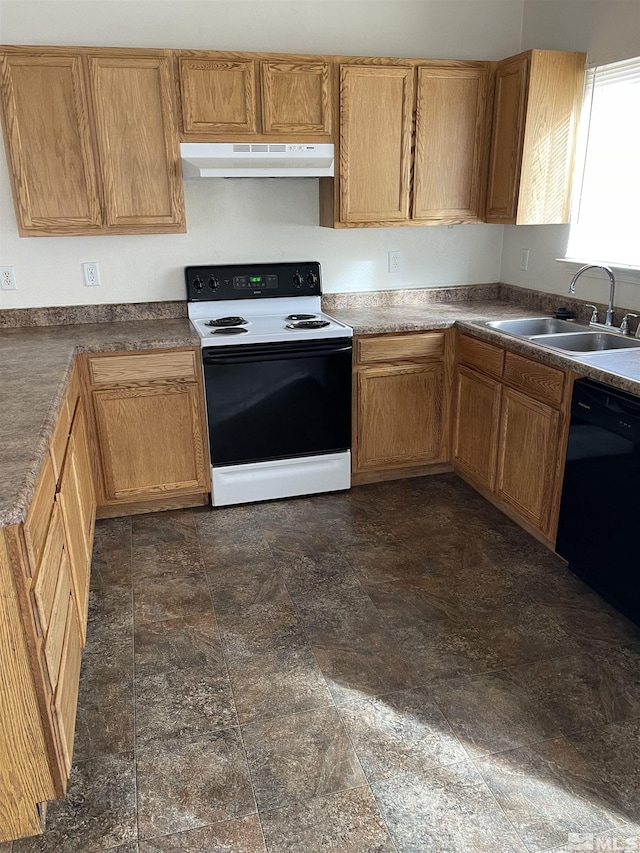 kitchen featuring range with electric cooktop, black dishwasher, under cabinet range hood, stone finish flooring, and a sink